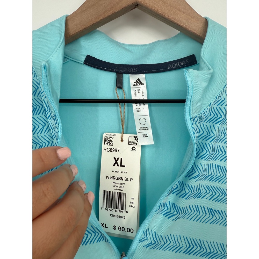 Adidas Polo Shirt Women XL Pulse Blue Herringbone Striped Sleeveless Quarter Zip - Picture 3 of 9